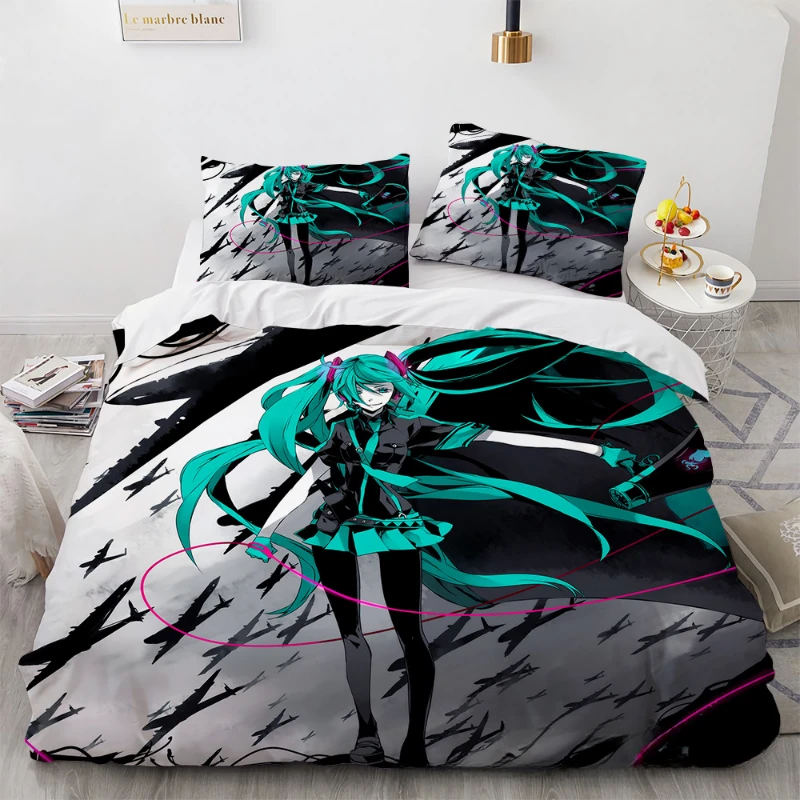 Anime Hatsune Miku Bedding Set Kawaii Quilt Cover Pillowcase Harajuku Bed Bedroom Duvet Cover Decor Beddings Suit Kids Gift