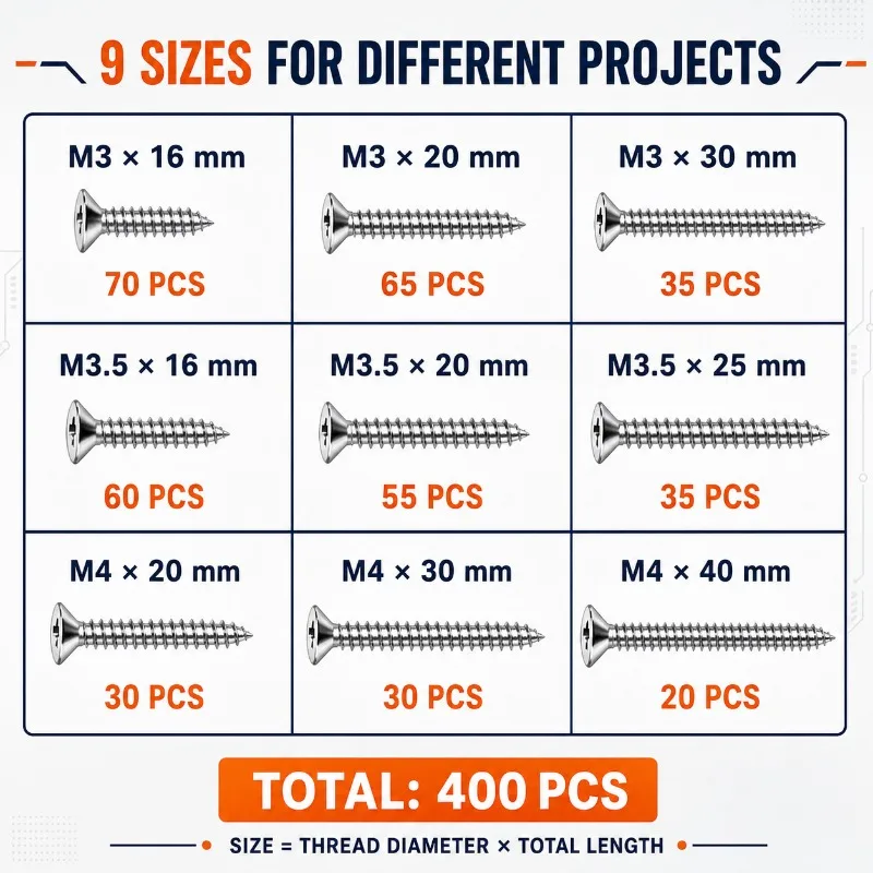 400PCS 304 Stainless Steel Cross Recessed Countersunk Self Tapping Screws Furniture Wood Home Repair DIY Tools Hardware Box Set