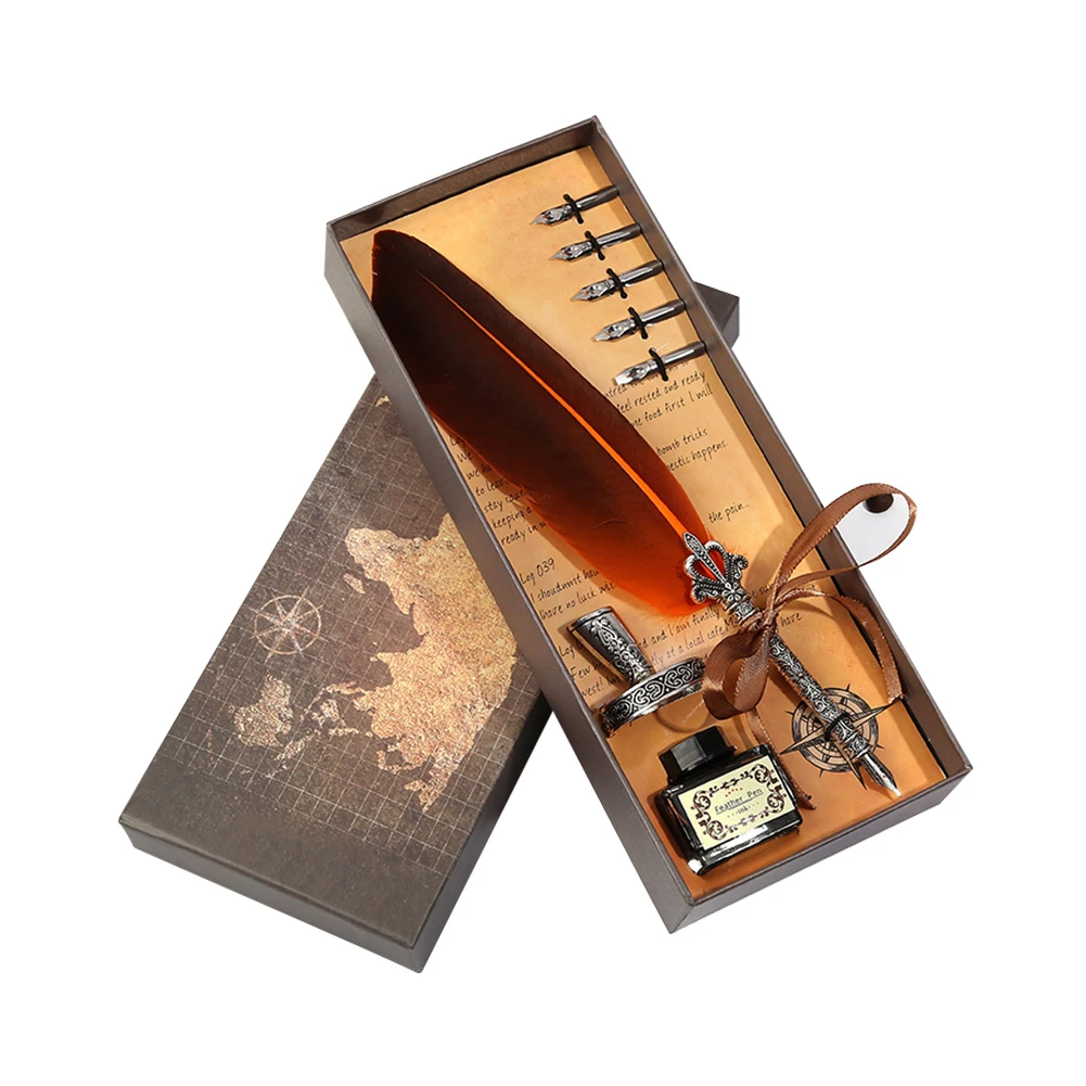 خمر ريشة تراجع القلم متعدد الألوان الريشة أقلام حبر الكتابة زجاجة حبر مجموعة القرطاسية الزفاف هدية عيد ميلاد صندوق #2