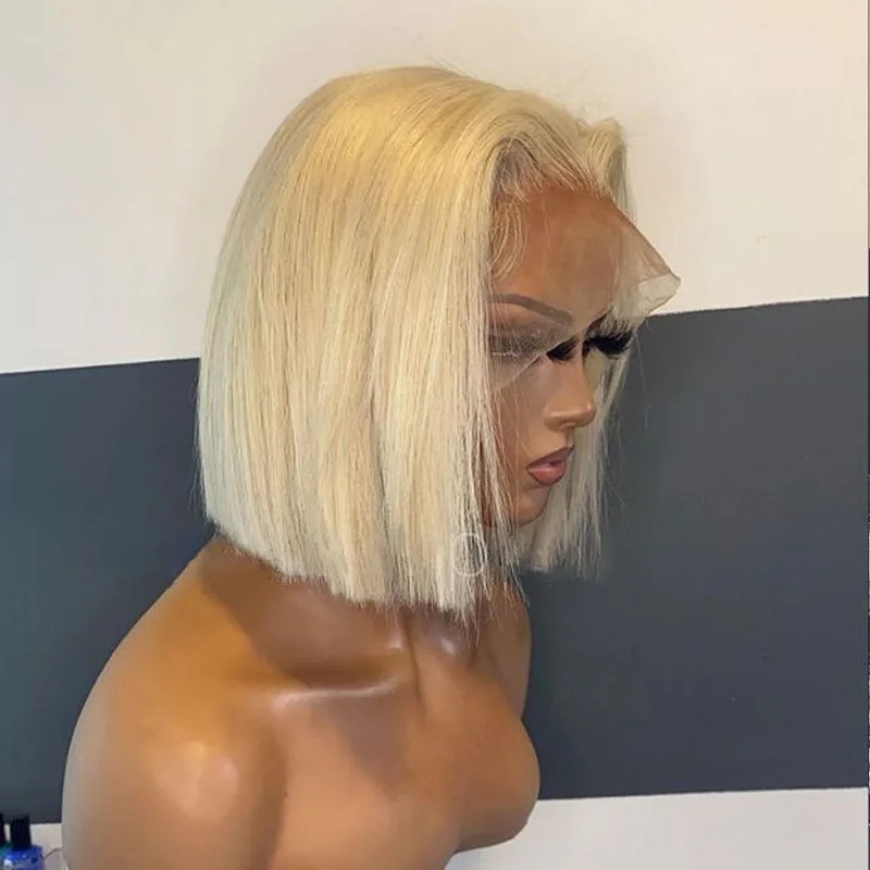 Glueless Soft Blonde 613 Preplucked Short Bob 14Inch 180Density Straight Synthetic Lace Front Wig Natural Hairline Baby Hair