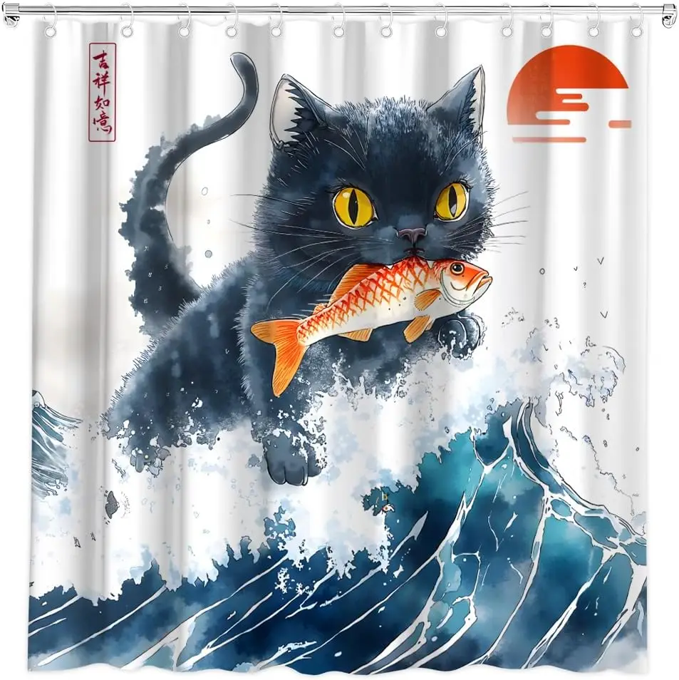 

Забавная шторка для душа с черным котом, акварельным изображением морских волн, красного солнца и рыб, морской пейзаж, милый декор для ванной комнаты с крючками