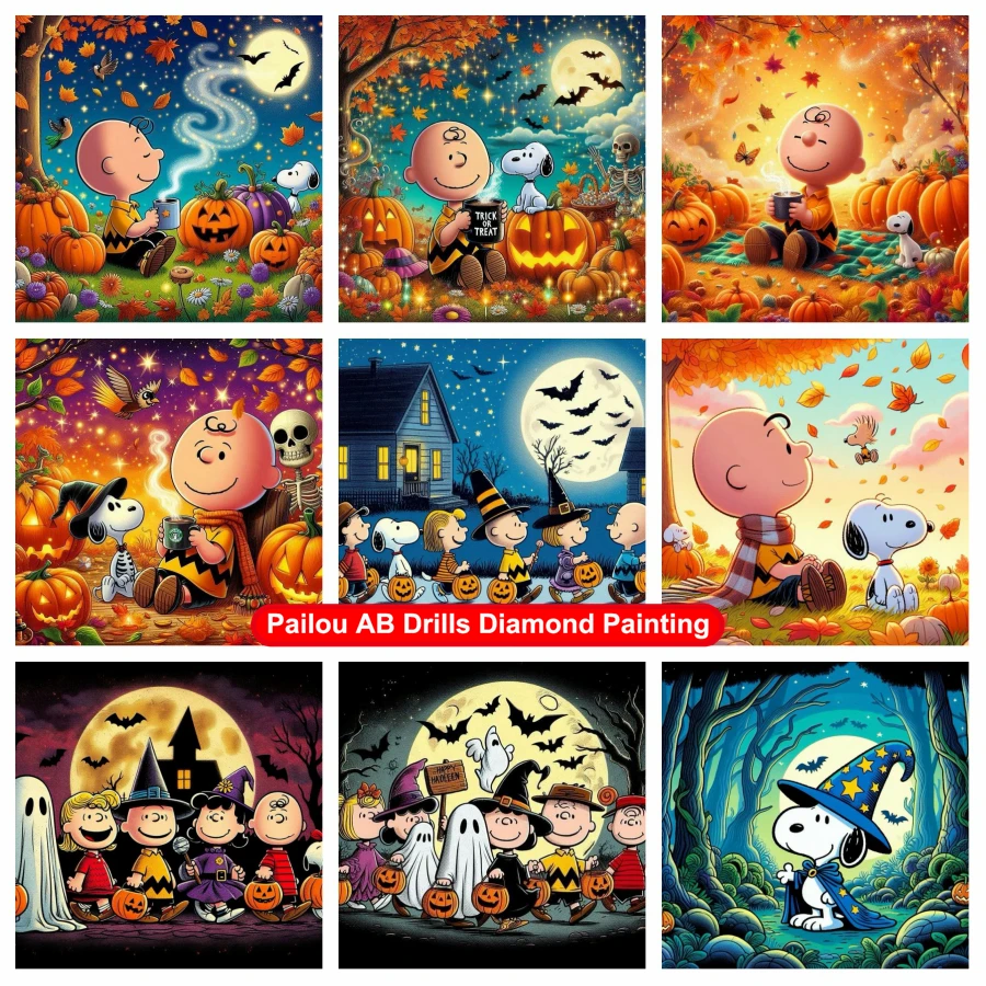 

Halloween Snoopy And Charlie Brown With Pumpkins Autumn Scenery Diamond Painting AB Drills Full Cross Stitch Mosaic Home Decor