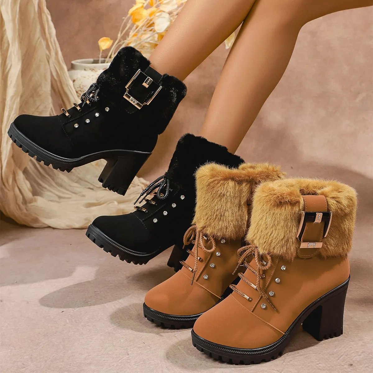 Women Winter keep warm plush zipper Boots rhinestone tassel decoration chunky-high-heel Non-slip ankle boots Platform Bota Mujer