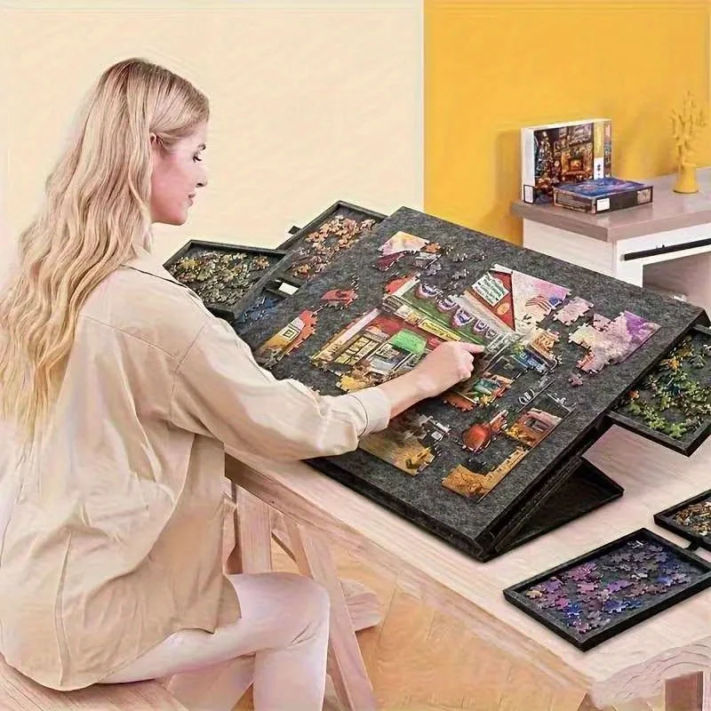 1 ensemble de planches à puzzle inclinables 6-en-1, table de travail réglable pour puzzles avec 6 tiroirs de tri, capacité de 1000 pièces, station de rangement multifonctionnelle pour usage domestique et éducatif