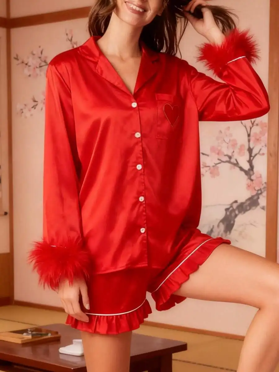 

Womens Red Satin Pajama Set Button Up Shirt With Ruffled Shorts Fuzzy Cuffs Valentines Day