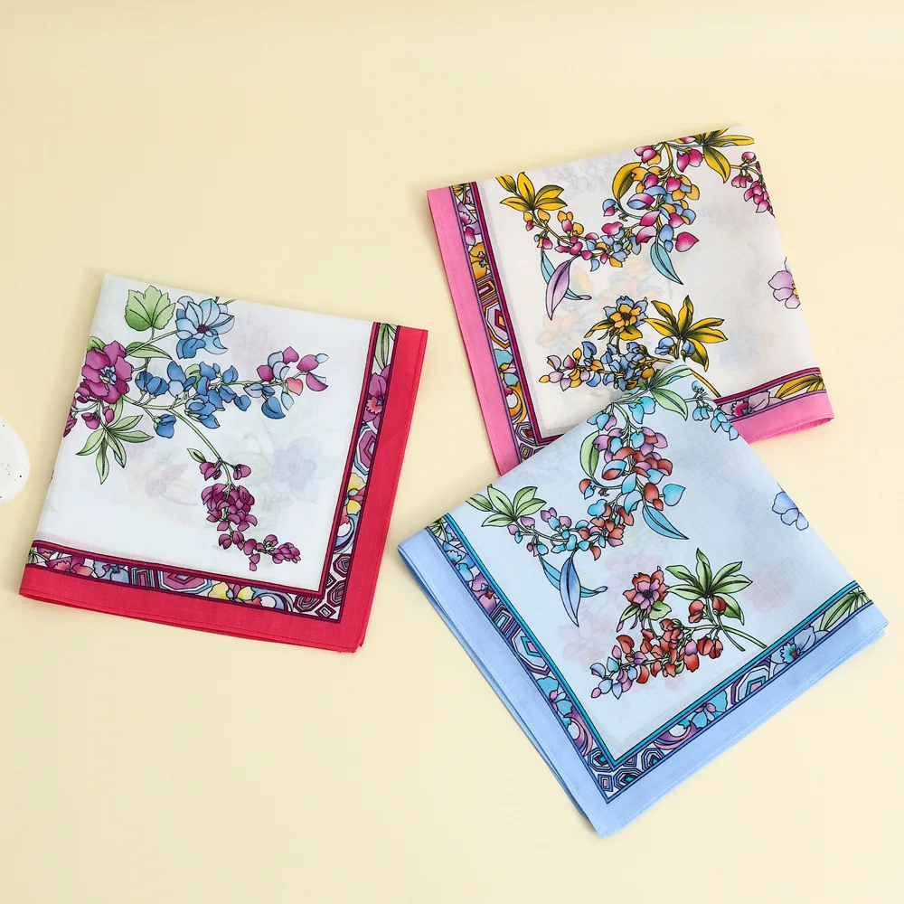 3 Pcs Women's Pure Cotton Printed Handkerchief Cotton Soft and Comfortable Thin Wipe Sweat Hand Scarf Square 43cm