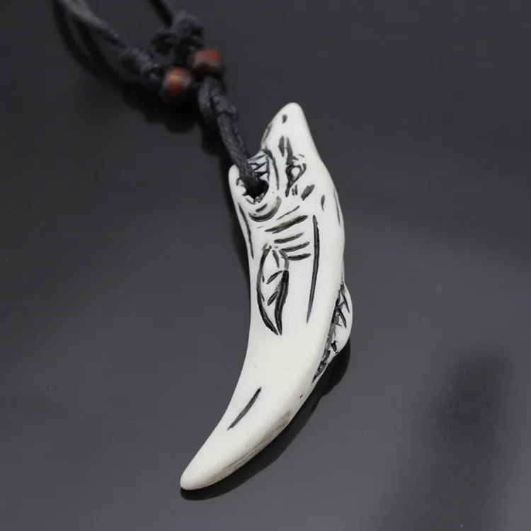 1pcs Real Wolf Teeth Yak Bone Wood beads Tooth Amulet Charm Pendant Necklace Wax Cord