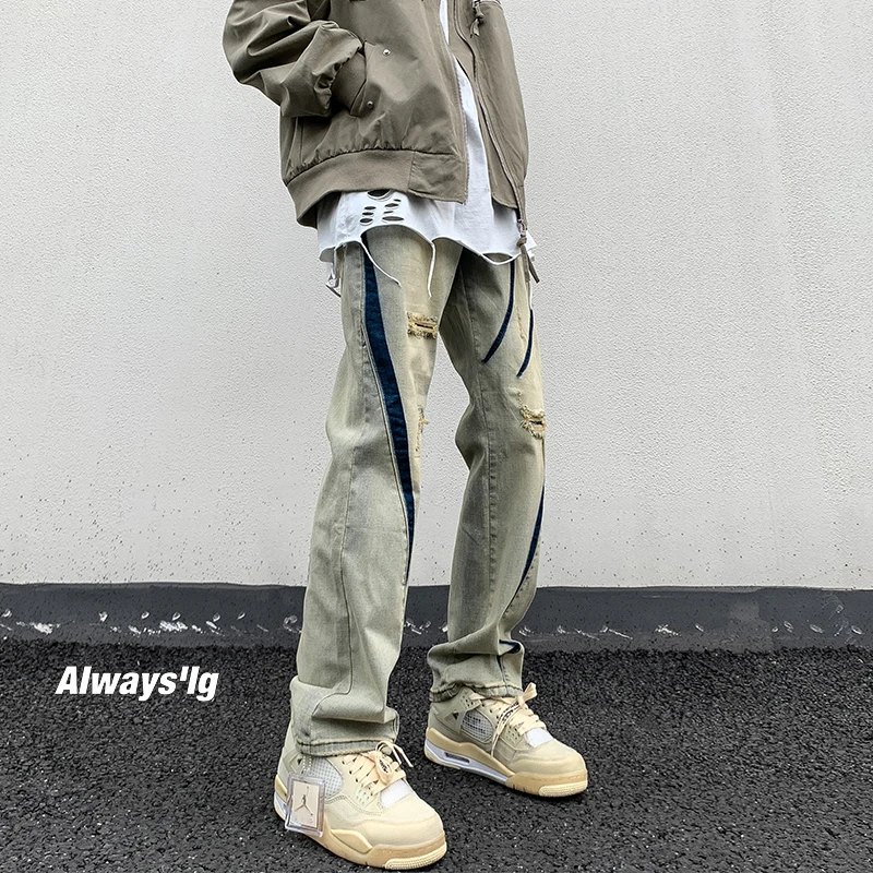 

Мужские джинсы прямого кроя High Street Cleanfit, тонкие, цвета цемент, с эффектом потертости и пэчворка, осенние, износостойкие