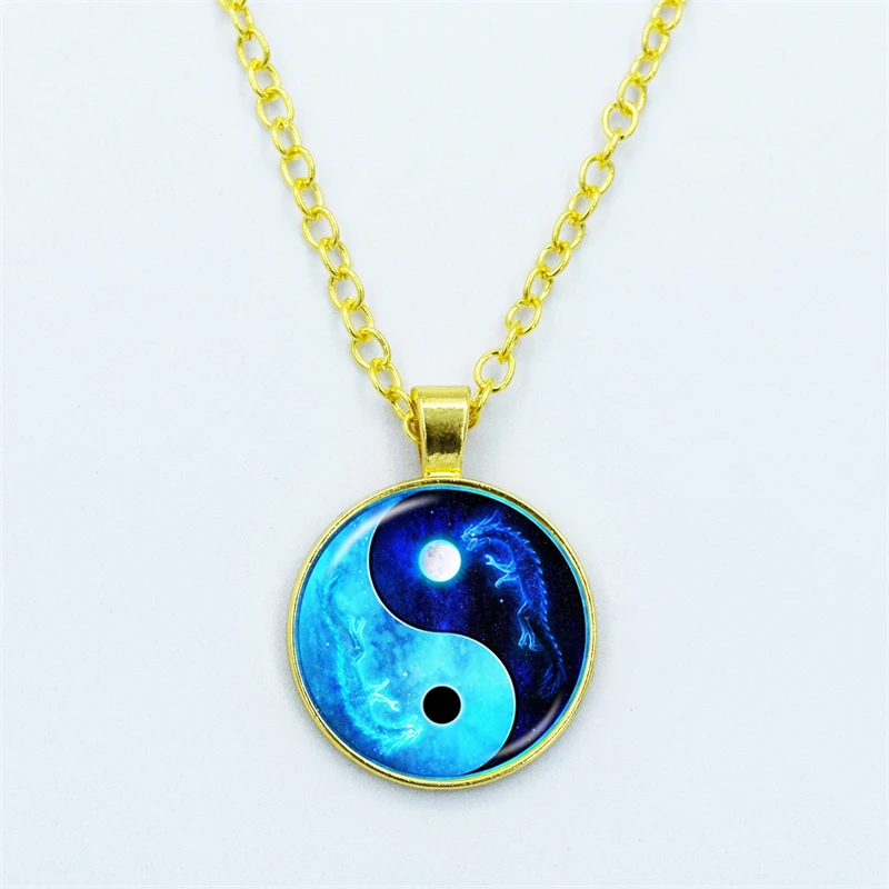 Yin Yang Necklace Tai Chi Unisex Time Stone Cabochon Glass Gem Pendant Chain Dragon Moon Yin Yang Necklaces Jewelry Gift