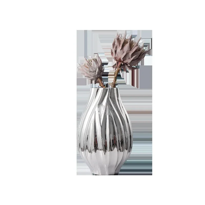 Modern Electroplated Silver Vase for Living Room Hotel Decor Light Luxury Flower Arrangement Ornament for Home Office Display