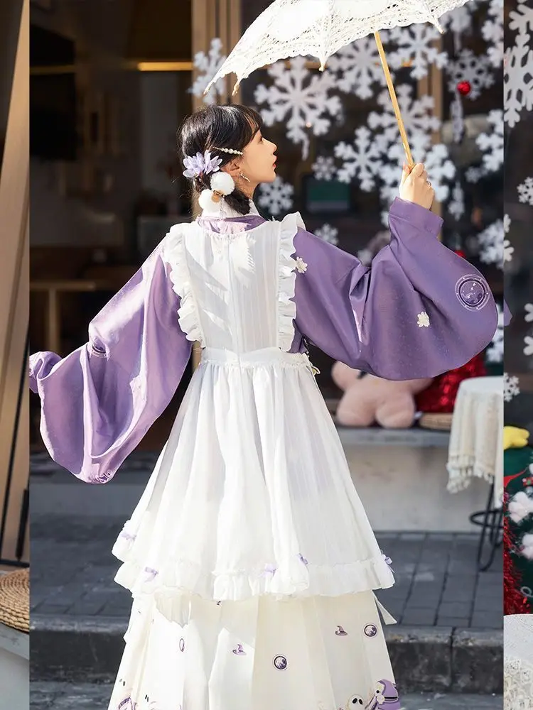 Sweet Chinese Stand Collar Purple Long Shirt Dress Women Autumn Winter Lolita Embroidered Sling Apron Printed Pleated Skirt Sets - view 5