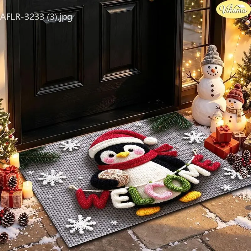 VIKAMA Gold Bell Holly Crochet Floor Mat Washable Entry Rug Front Door Porch Xmas Winter Decor Home Decor Entryway Rug