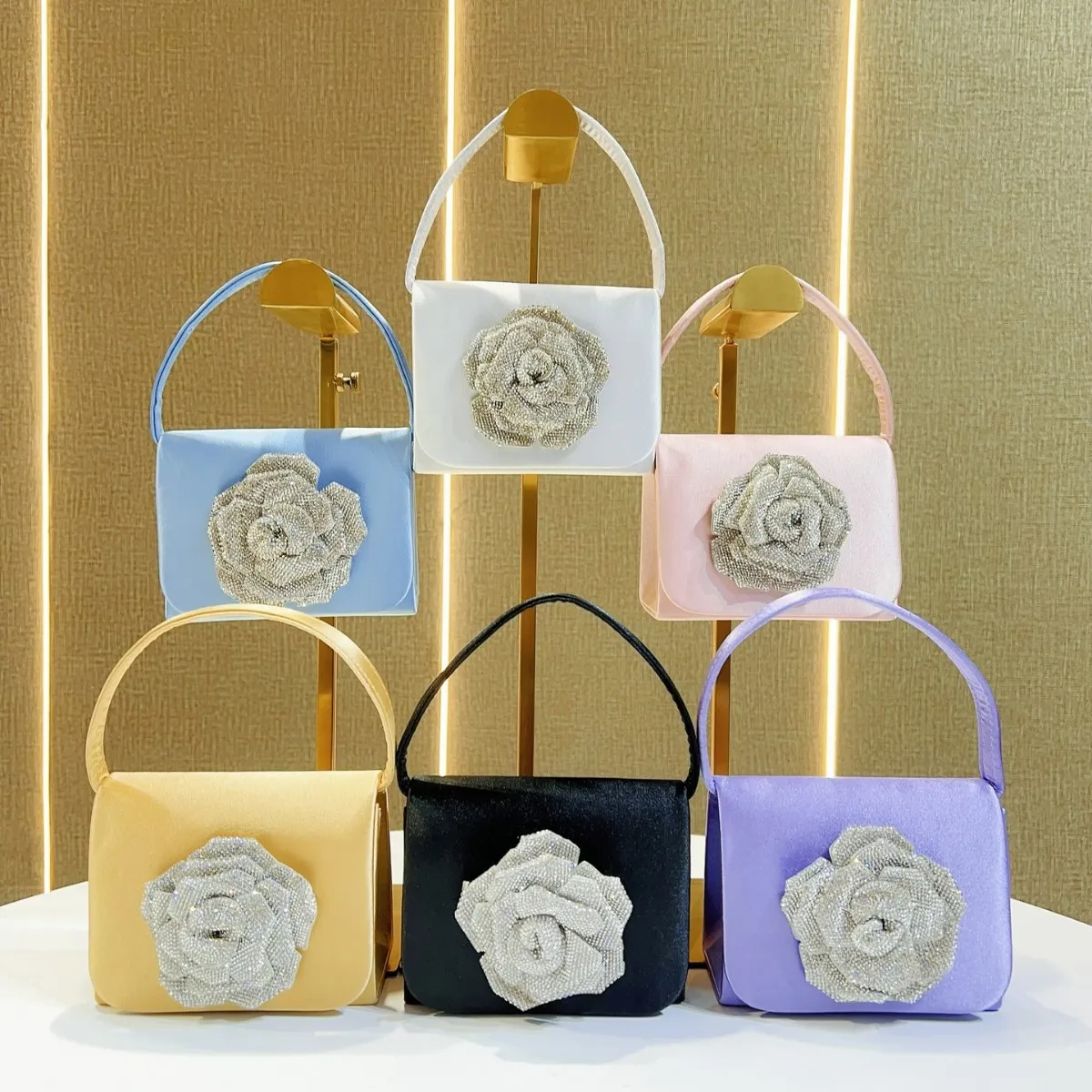 Luxury Glitter Diamond Floral Square Bag Women’s Satin Handbag Elegant Evening Clutch Wedding Party Crossbody Purse Fashion Tote