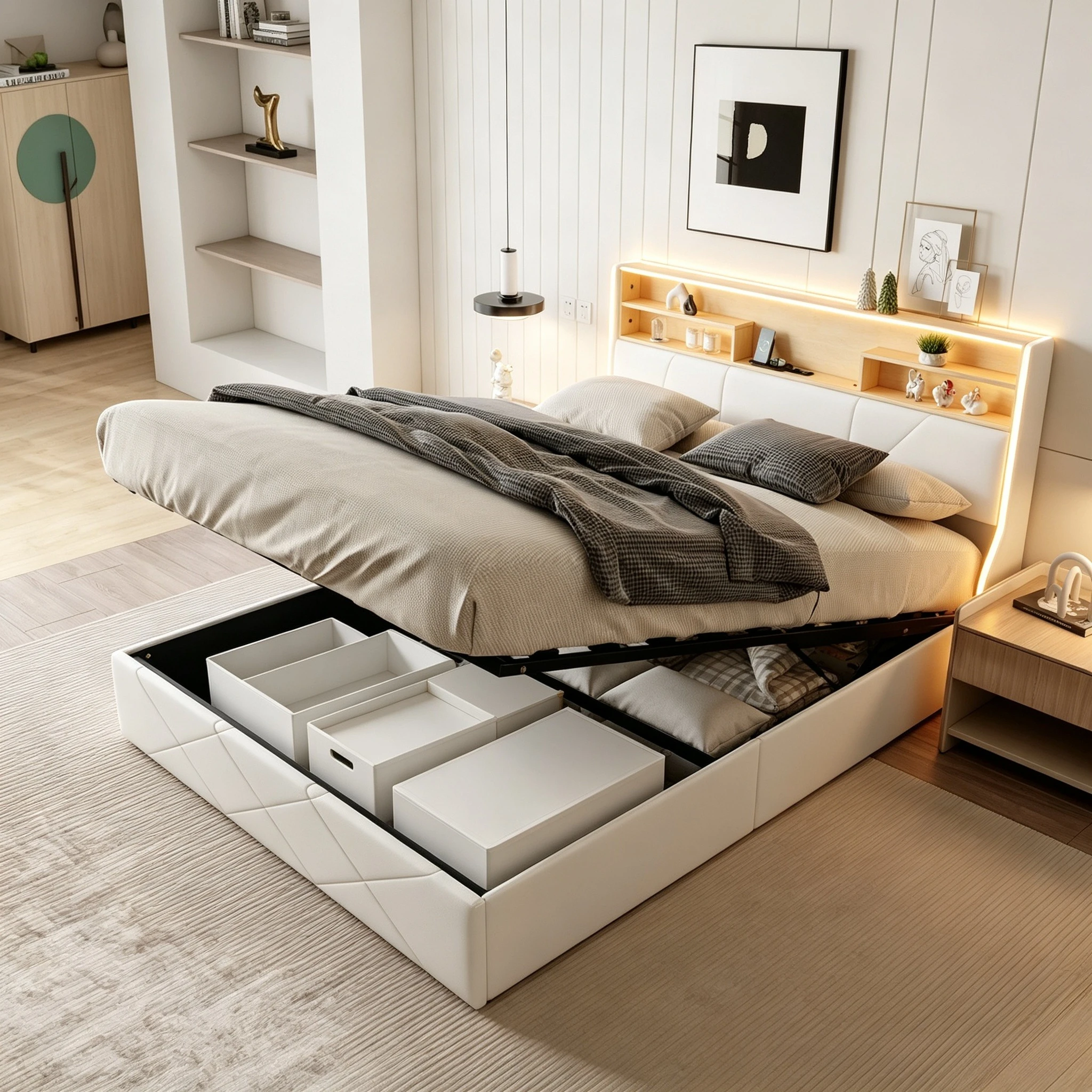 Letto con contenitore Rosahqnda, dimensioni 140/160x200 cm, con luce a LED, letto matrimoniale per adulti con testiera contenitore e vani, in poliuretano, bianco/nero, senza materasso.
