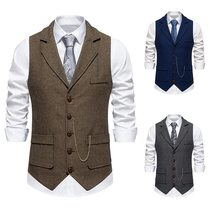 Spring New Men\'s Suit Vest Solid Color Casual Retro Lapel Horse Chain Vest Top