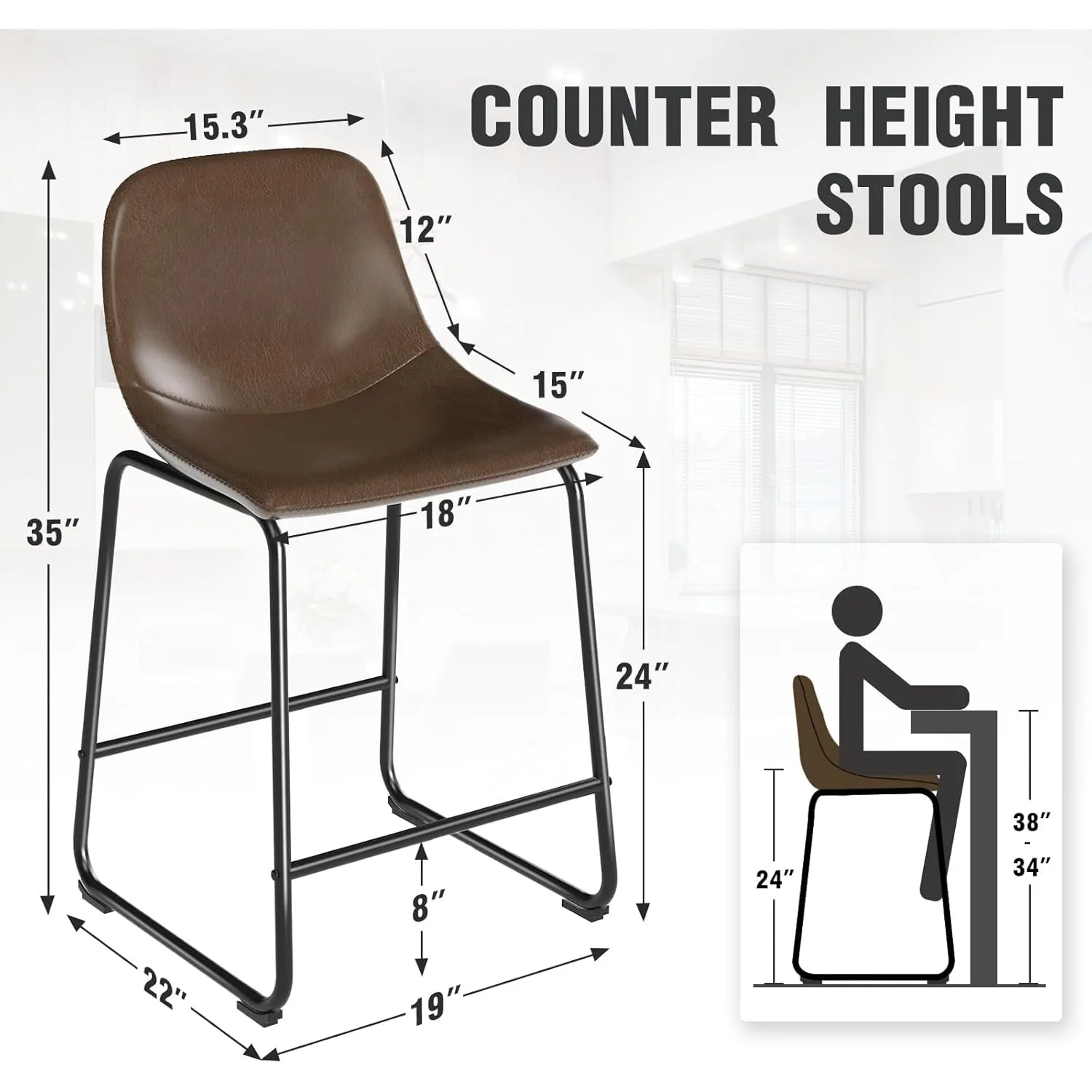 Conjunto de bancos de balcão de 2, bancos de bar com altura de balcão de 24 polegadas com suporte para até 500 libras, cadeiras de altura com pernas de metal e encosto macio, marrom