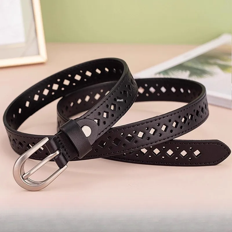 

New Simple Multifunctional Retro Silver Narrow Korean-Style Slim Women's Belt, Black Pin Buckle Hollow Small Leather Belt