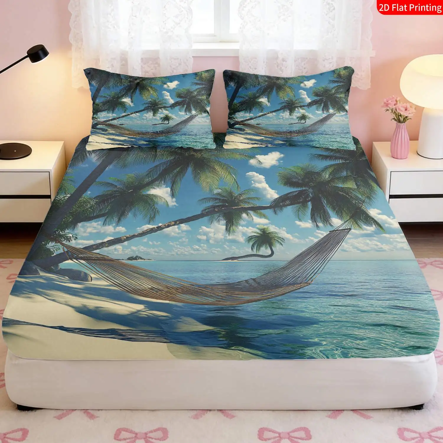 2D Printed Bedding Set, Mattress Protector, Fitted Sheet with Elastic Band, Protective Cover, 2D Flat Printing, Mattress Protector, Tropical Style, Beach-Themed Bedding, Hammock Print, Suitable for Summer Vacations, Bedrooms, Resorts, All Seasons, Holiday Decorations, Various Sizes, Breathable Protective Cover with Pillowcases