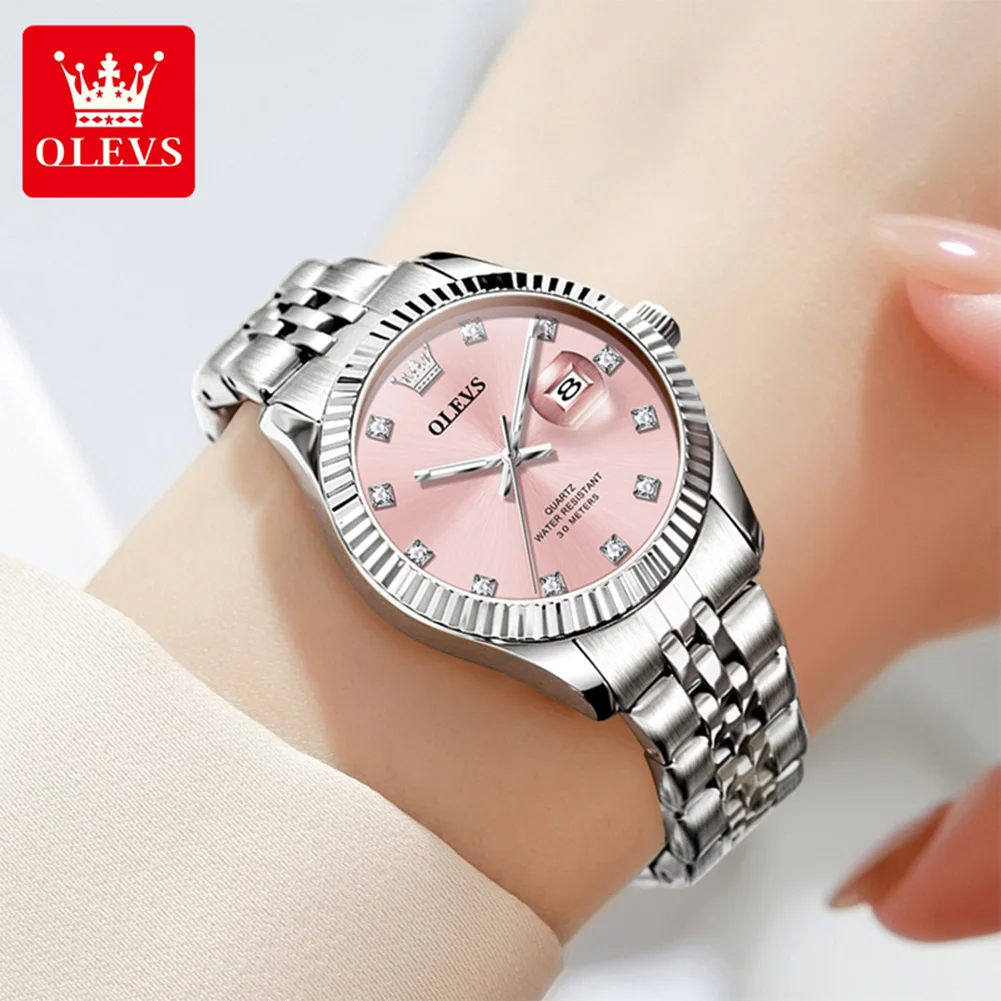 Jam Tangan Wanita OLEVS 3705 Elegan Fashion Pink Original Quartz untuk Wanita Bezel Tekstur Ulir Baja Tahan Karat Tanggal Baru