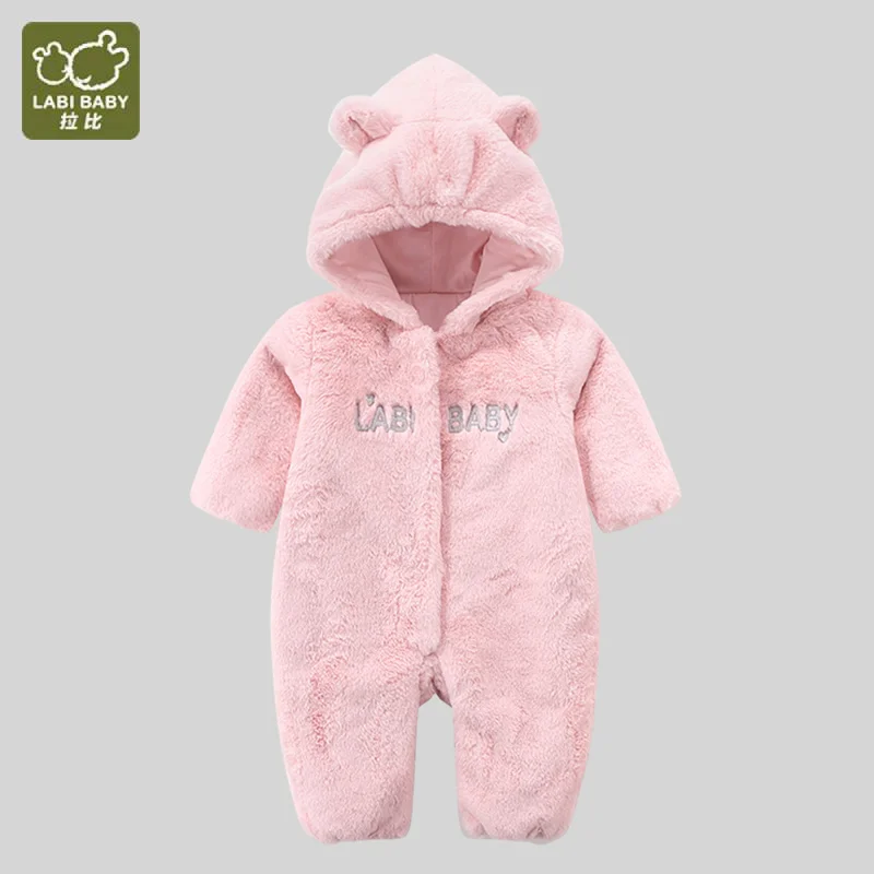 

0-24M Baby Girl Rompers Pink Color Bodysuits Bear Baby Onesies Flannel Hooded Jumpsuits for Girls Winter Toddlers Clothes