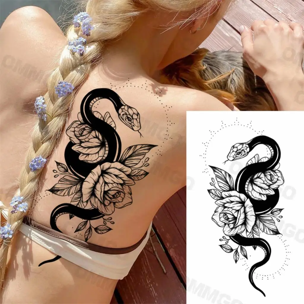 Tatuaggi temporanei posteriori Sexy del serpente del fiore della rosa nera per le donne ragazza adulta peonia loto tatuaggio finto braccio polpaccio decalcomania impermeabile del tatuaggio