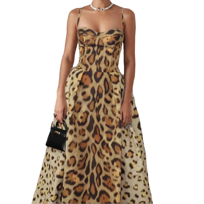 

Sexy Leopard Print Long Sling Dress Women Slim Sleeveless Backless A-line Party Dresses 2025 Spring Summer Lady Y2k Evening Gown