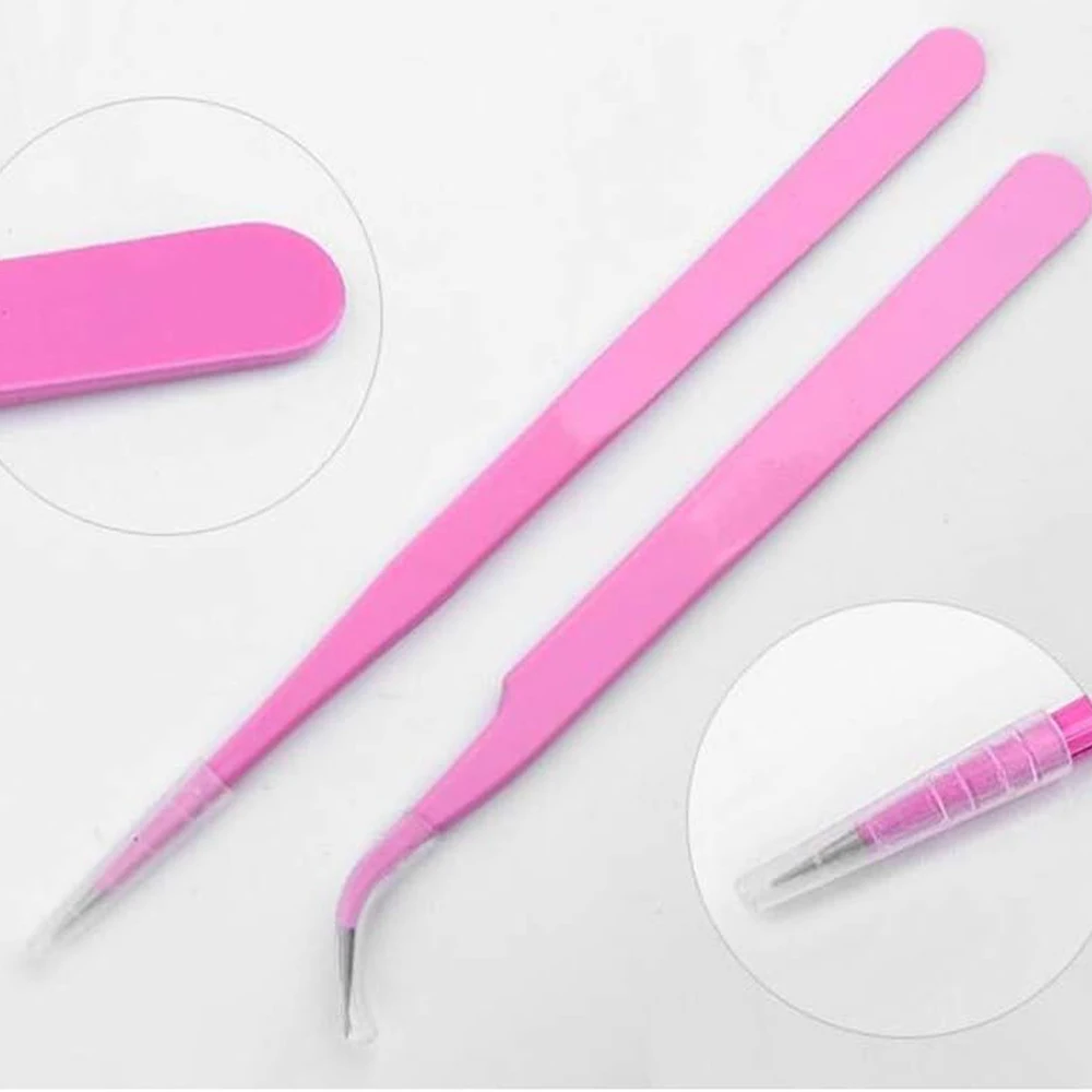 2PCS Stainless Tweezers PINK Steel Straight/Curved Tip Tweezer for Eyelash Extensions&Nail Art Sticker Rhinestone Eyelash Picker