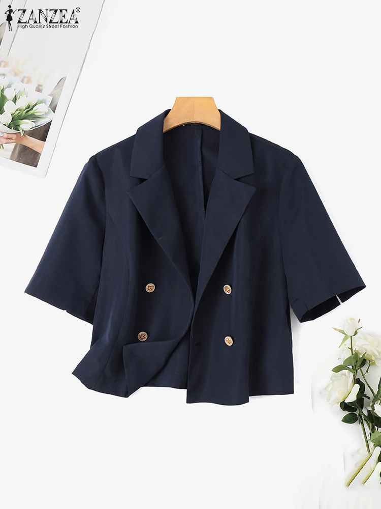 ZANZEA Elegant Summer Lapel Neck Half Sleeve Blazer Women OL Work Suits Fashion Solid Button Down Thin Jackets Casual Officewear