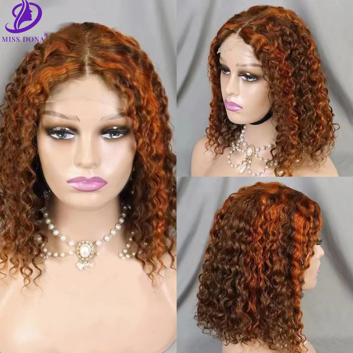 

Colorful Highlight 4/350# 4x4 Lace Closure Wigs Water Wave Short BoB 10-16inches 180% Density Brazilian Remy Human Hair Wigs