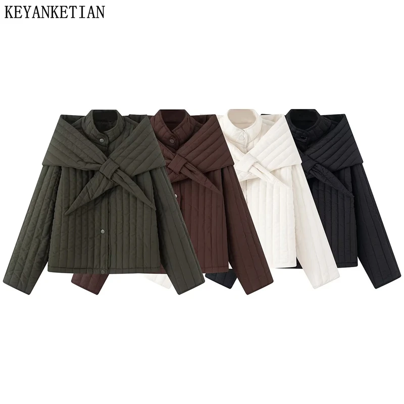 

KEYANKETIAN Winter New Women's Stand up Collar Detachable Scarf Single breasted Drawstring Knitted Cotton Jacket Women Coat