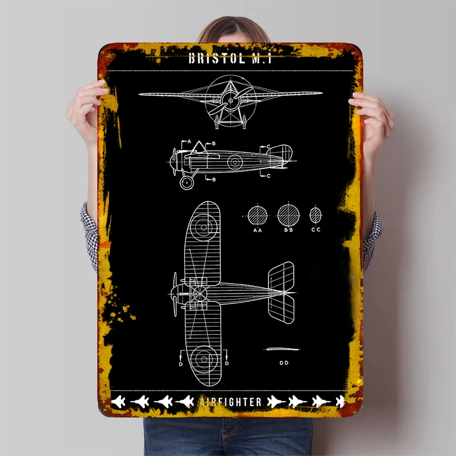 Vintage Bristol M.1 Fighter Blueprint Metal Wall Art Decor Aviation Collectible Home Decoration