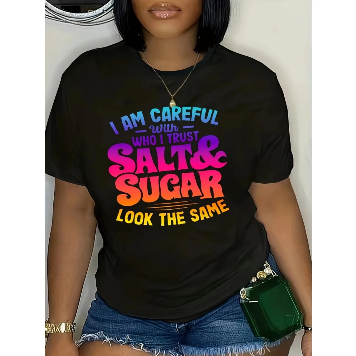 

Women's "Salt & Sugar" Graphic T-Shirt , Casual Summer Top, Short Sleeve Print Tee, Round Neck,