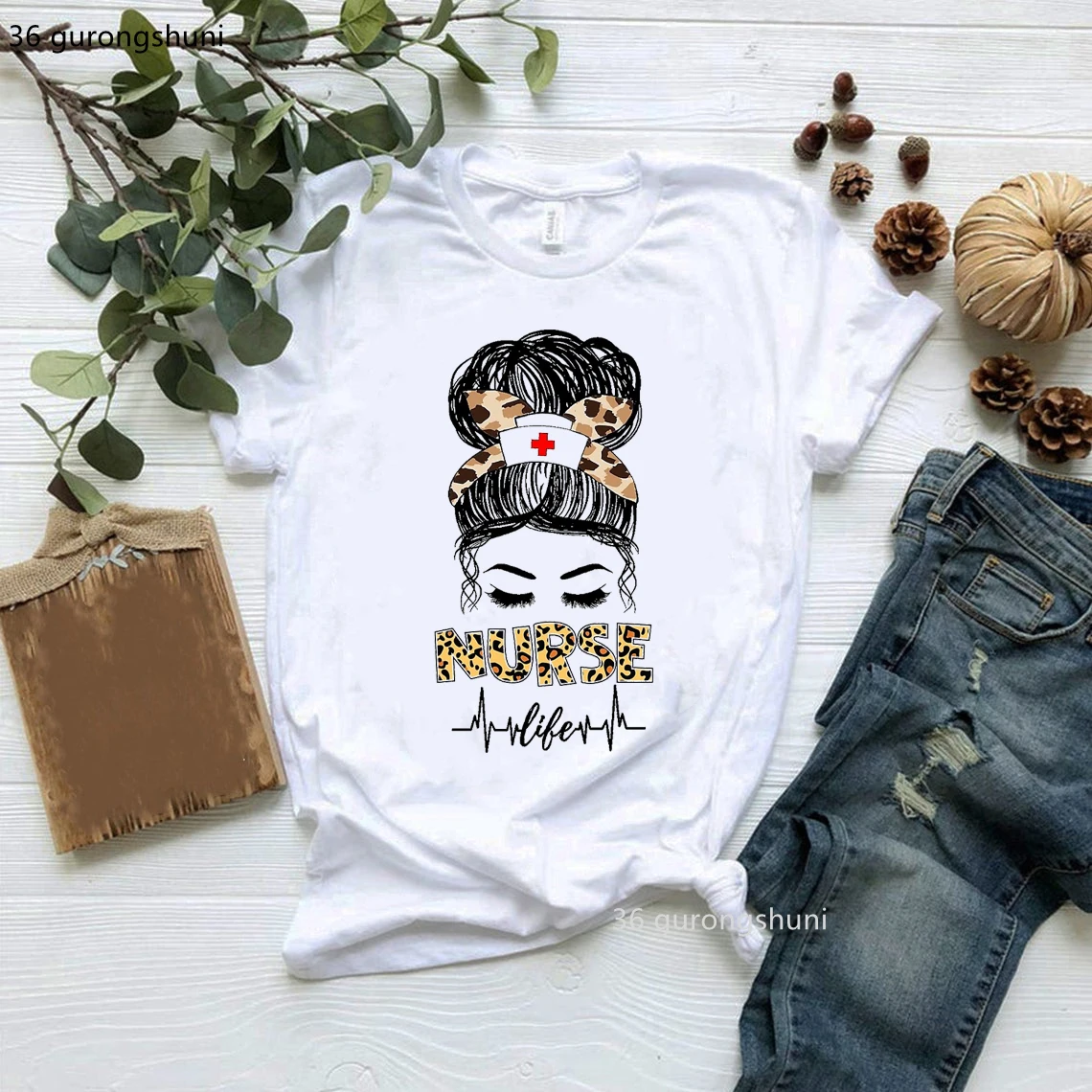 Leopard Nurse Nurselife Tshirt Love Nurse Coffee Rubber Gloves T-Shirt Women Clothes Female Clothing Short Sleeve 90s Tees Top