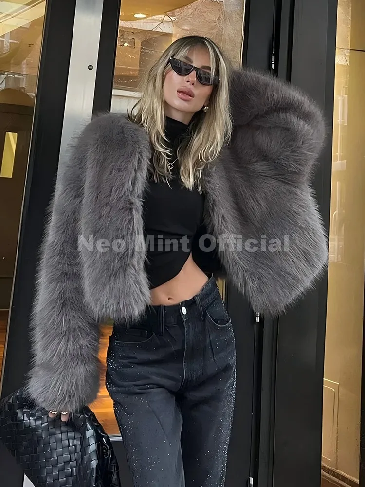 Iconic Street Fashion Cropped Faux Fur Coat Women Cool Girls Fluffy Short Fur Jacket