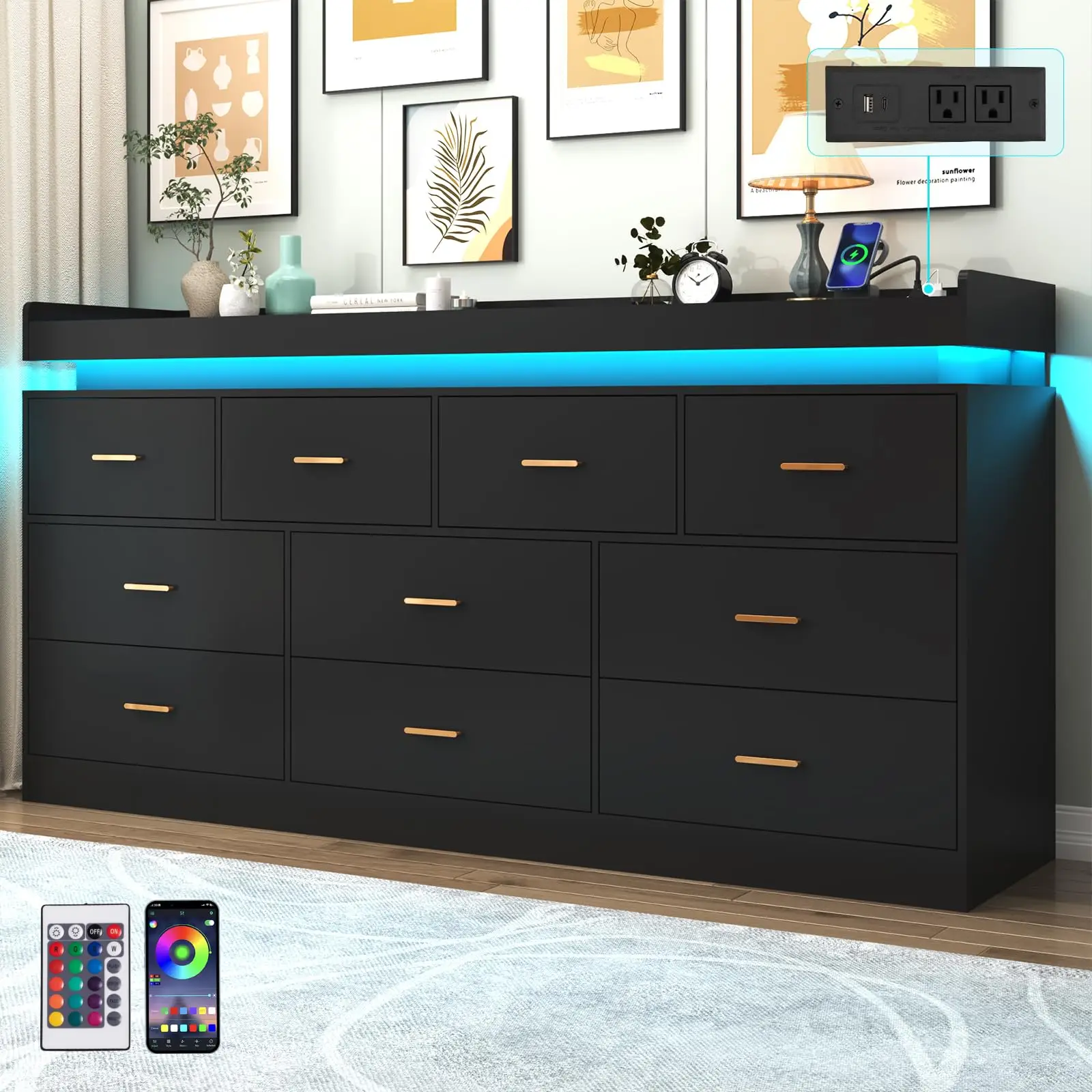 10 Drawer Dresser with LED Light and Charging Station Modern Chest of Drawers for Closet Wide Drawer Organizer Cabinet Living