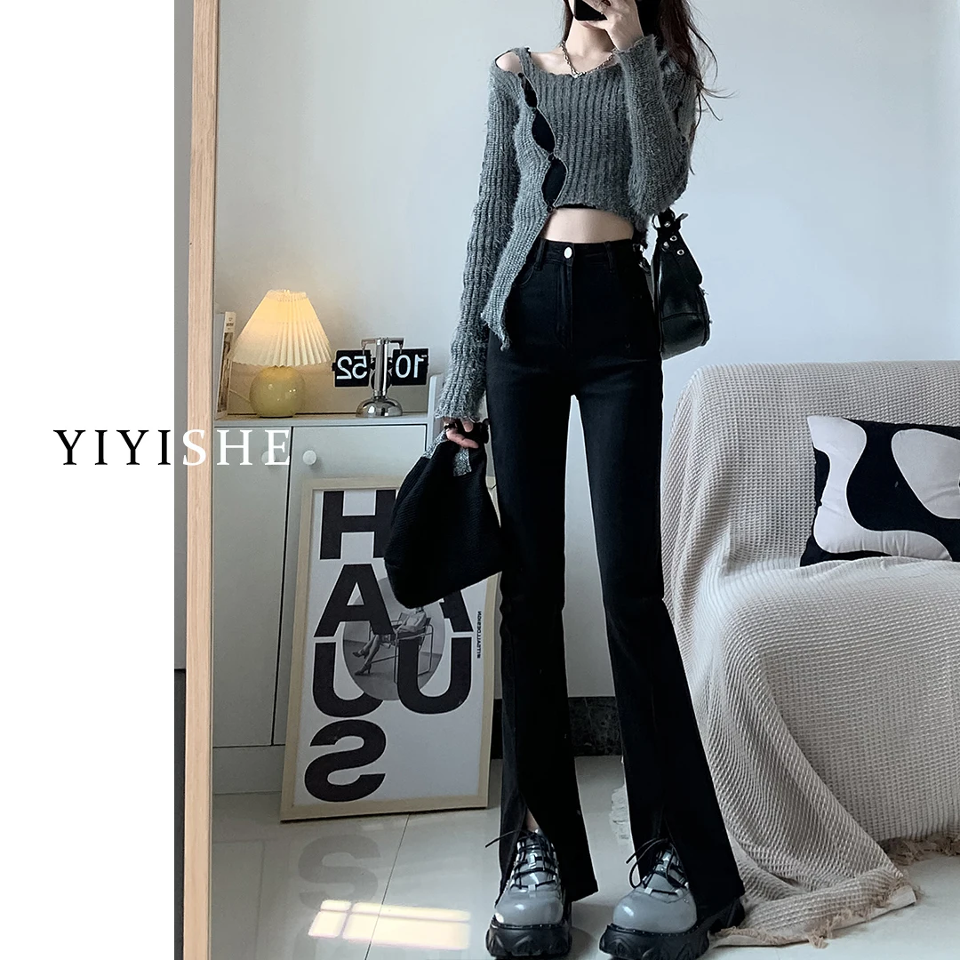 Jeans svasati a vita alta da donna Primavera Faion Nuovo elastico sottile dritto al pavimento Campana Bot Denim elasticizzato in cotone alla moda