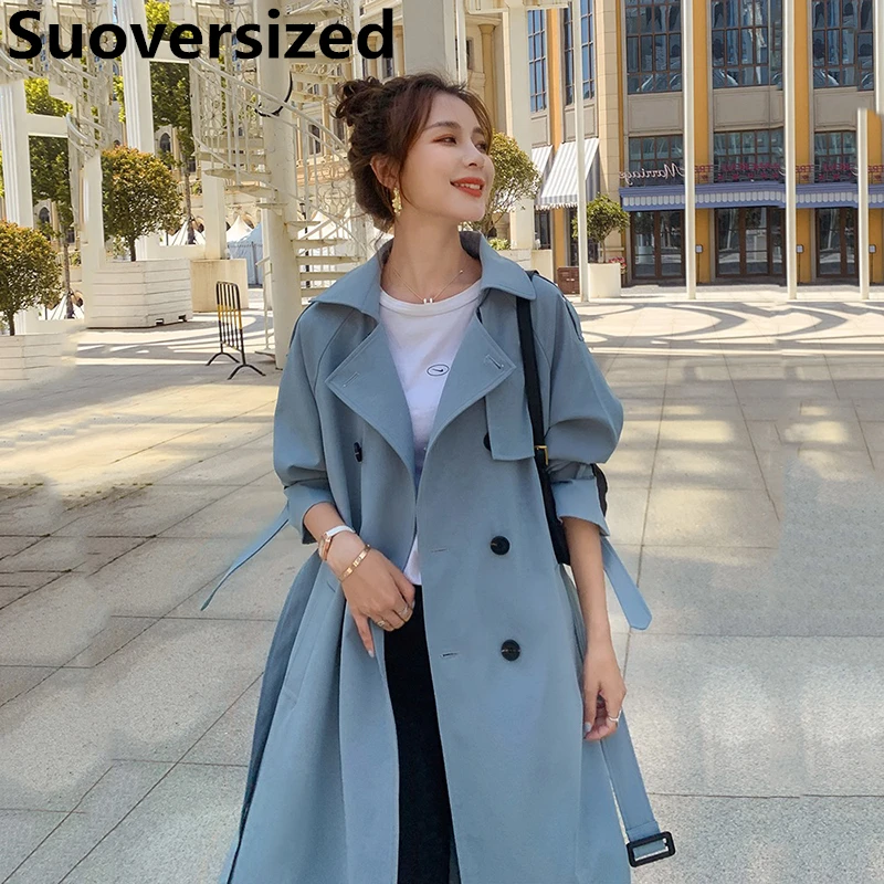 

Elegant Blue Long Trench Coats Luxury Korean Women's Gabardina Loose Fashion Belt Overcoat Double-breasted Windbreaker New 2023