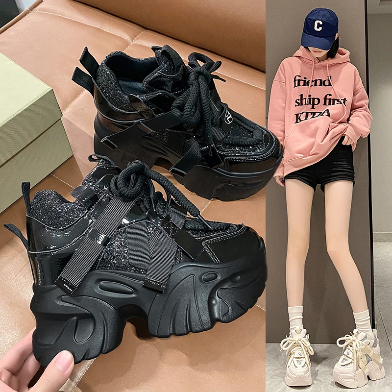 2024 primavera Chunky Sneakers donna Bling Platform scarpe sportive donna Goth fondo spesso tacchi alti donna 10CM Sneakers in pelle