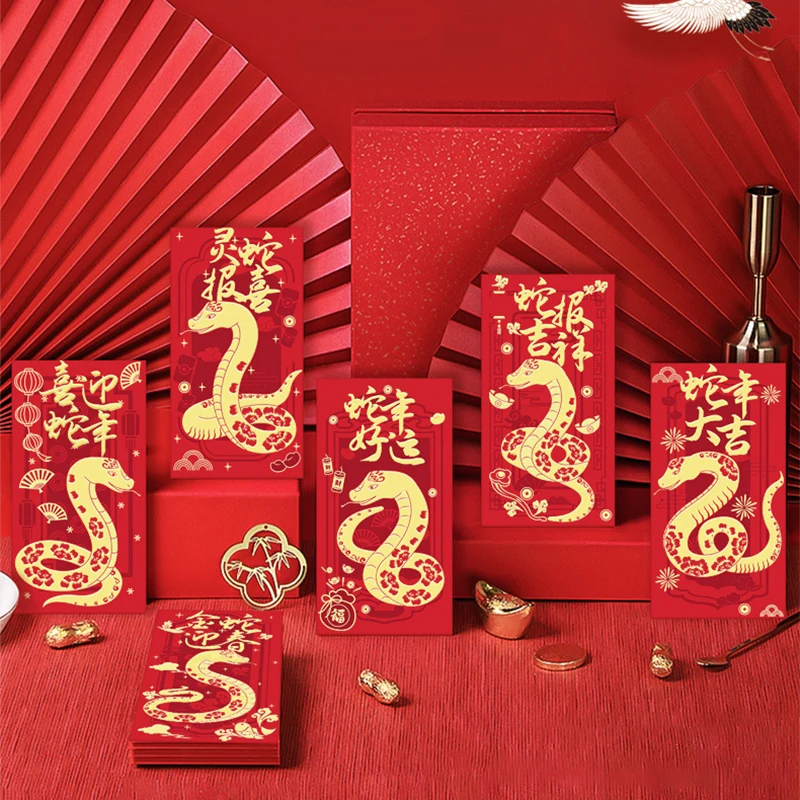 6Pcs/set 2025 Year Of The Snake Red Envelopes Luck Money Bag Spring Festival Bless Pocket Red Packet New Year Decoration Gift