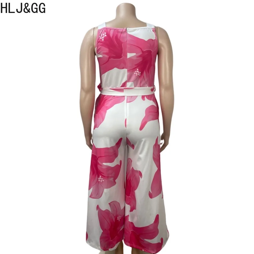 HLJ&GG Casual Flower Print Lace Up Wide Leg Pants Jumpsuits Women Round Neck Strap Sleeveless Straight Playsuits Female Overalls