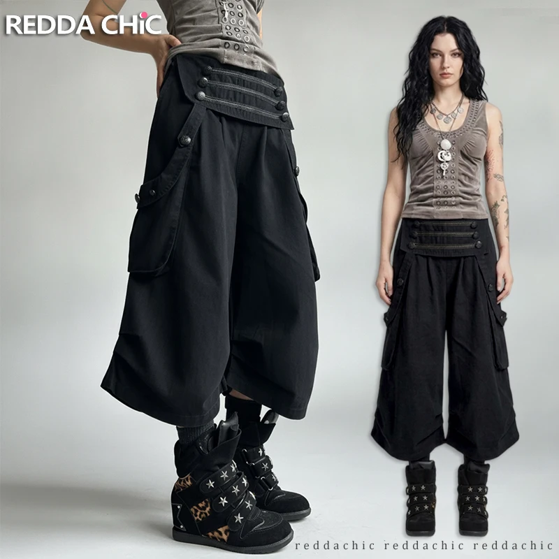REDDACHiC Pantalones Capri Cargo Góticos para Mujer, Estilo Vintage con Botones, Cintura Baja, Plisados, Holgados, Tipo Bermuda, Ropa Alternativa de Verano