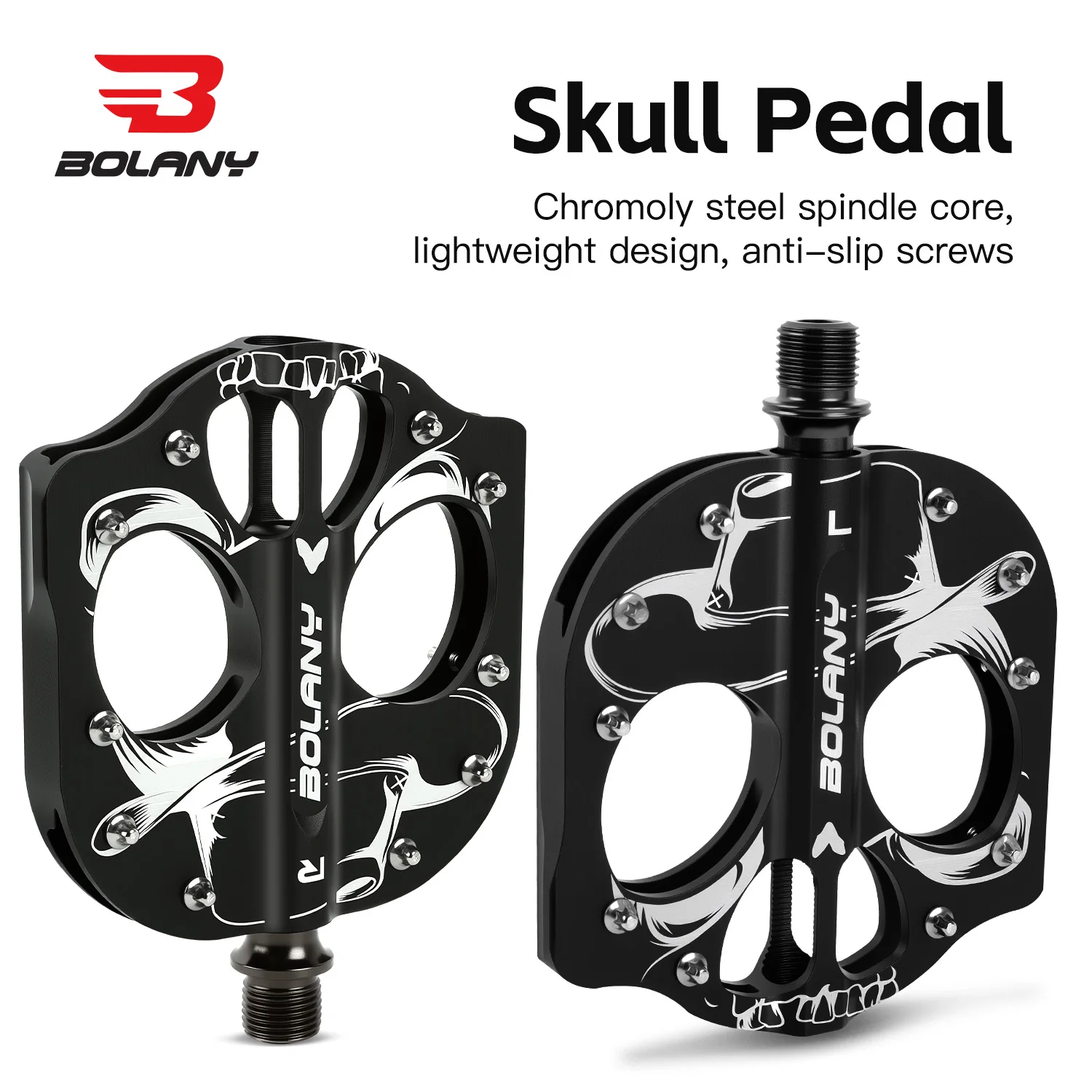 BOLANY MTB Fahrrad-Totenkopf-Pedale mit 3 abnehmbaren gedichteten Lagern, Aluminiumlegierung, rutschfeste Noppen für Mountainbikes und Rennräder