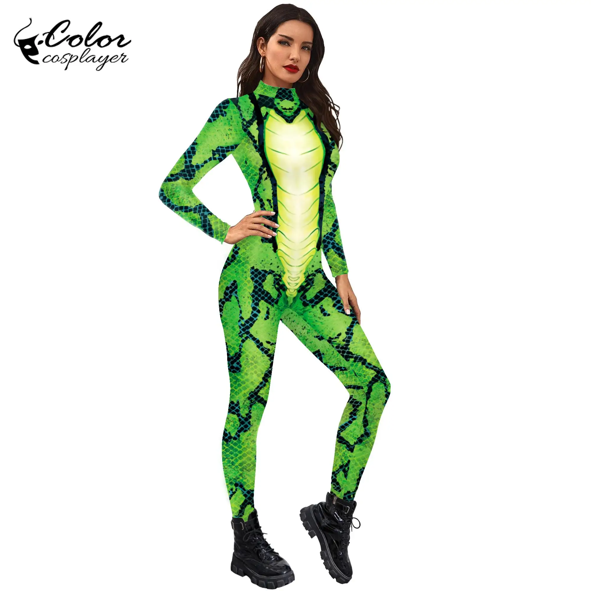 Kolor Cosplayer Green Snake Jumpsuit Halloween Cosplay Costume Adult Unisex Bodysuit 3D Print Long Sleeve Purim Carnival