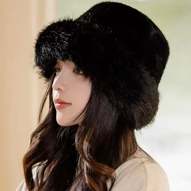 Winter Warm Plush Hats Women Girls Solid Color Simple Fluffy Bucket Hats Casual Comfortable Elegant Fur Caps Fashion Accessories