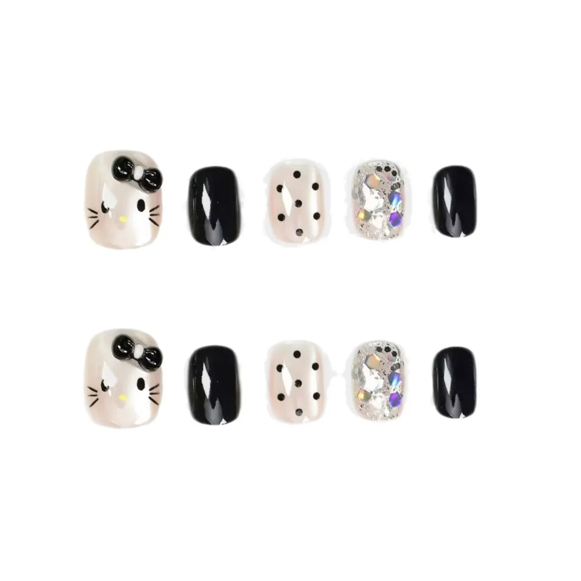 10 のかわいい漫画のデザインを身に着けているネイル アート、リボン ショート ブラック ネイル アート。 爪を押す