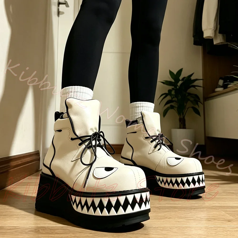 Monster Face Platform Ankle Boot Shark Teeth Women Gothic Lace Up Punk Thick Sole Wedge Heel Round Toe Shoes Leather Fashion New
