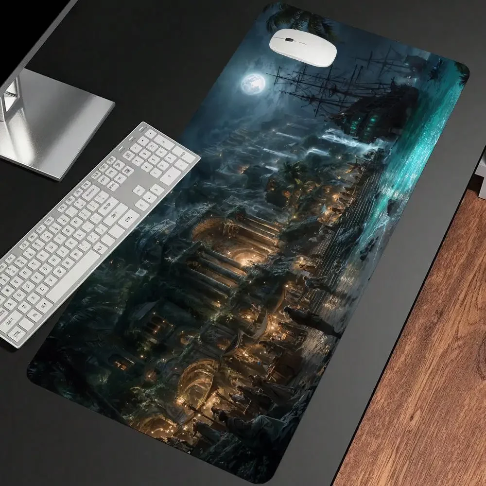 Ghost Pirate Ship Large Gaming Mouse Pad Midnight Ocean Moonlight Sailing Vessel Non‑Slip Rubber Extended Desk Mat