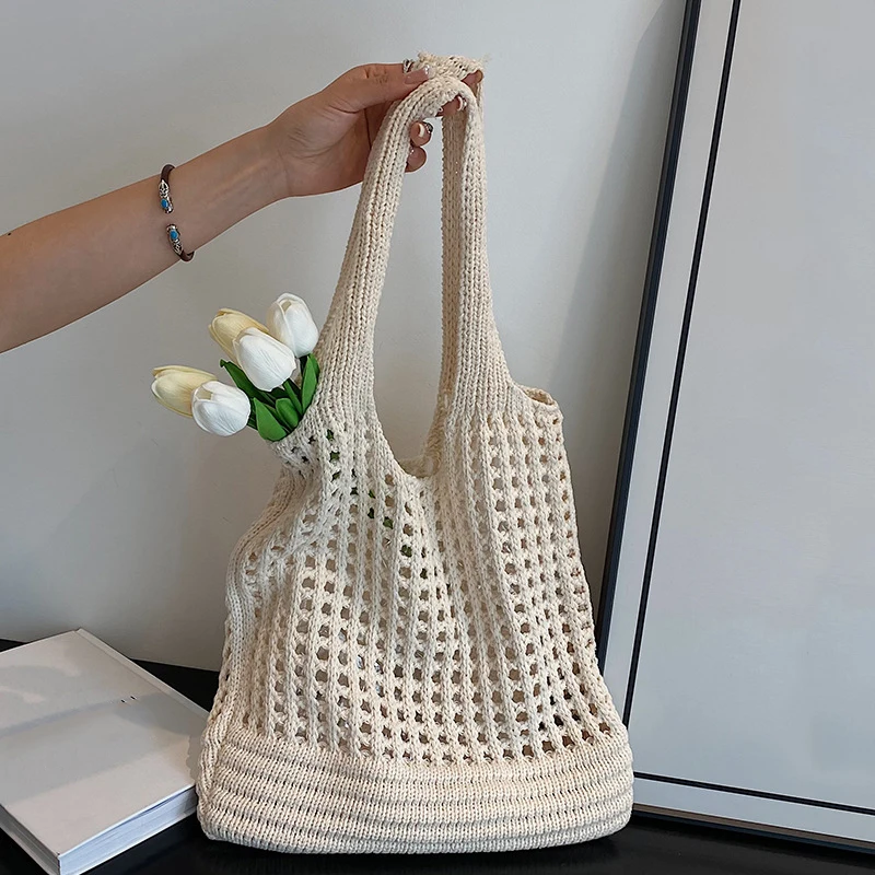 Vintage Hohl Design Gewebt Frauen Schulter Tasche Stricken Große Kapazität Handtaschen Sommer Reise Shopper Tote Für Damen Strand Taschen – Detail 13