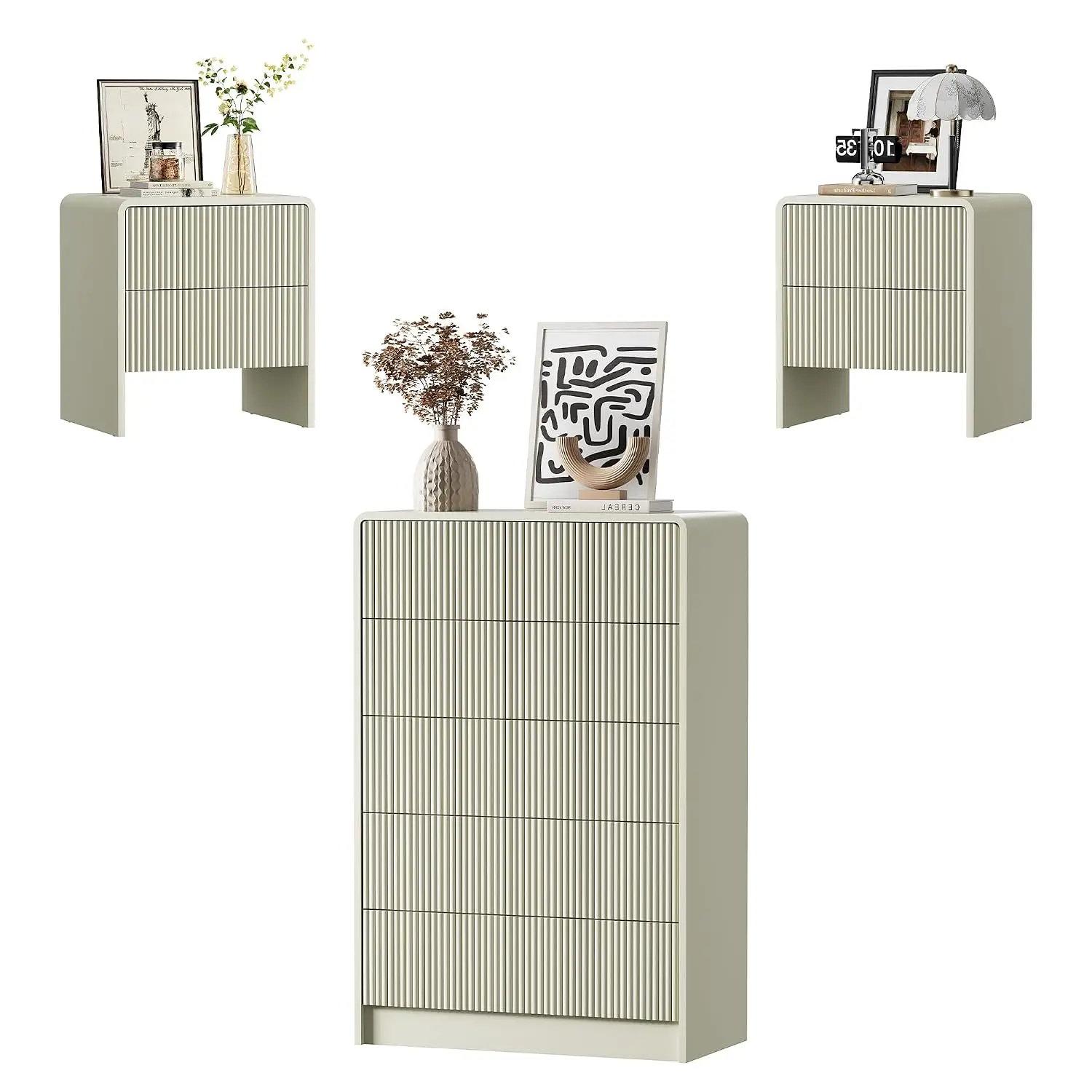 5 Drawer Dresser & 2 Nightstands, Fluted Pop-Up Design, Modern Storage for Bedroom Living Room Entryway, Customized