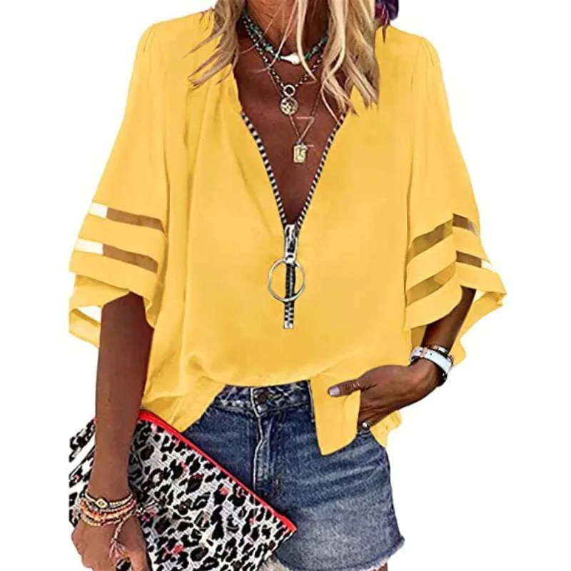 

Women's Spring and Autumn Top Coat Shirt V-neck Zipper Bell Sleeves Mesh Patchwork Loose Casual Design Fashion Niche Versatile